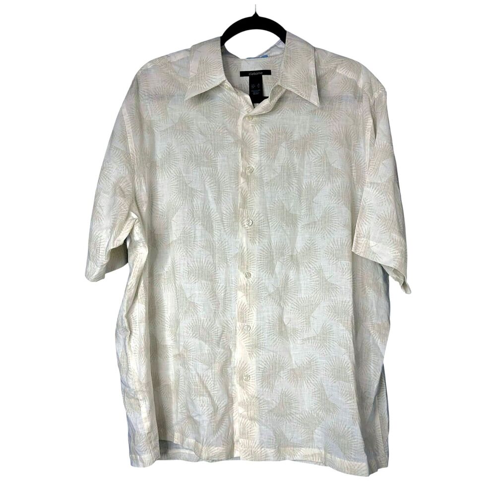 Claiborne Mens Cream Short Sleeve Linen Top XL Cruise Vacay Resort Palm Leaf
